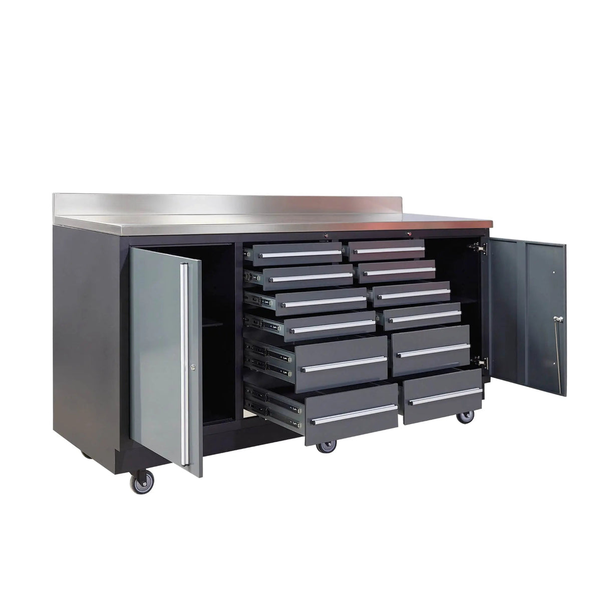 TMG Industrial TMG Heavy Series 7-Ft 12-Drawer Workbench with Stainless Steel Top, Ball Bearing Double Slides & Casters, TMG-WB712
