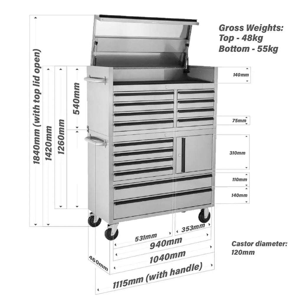 TMG Heavy Series™ 41” Stainless Steel Tool Chest Cabinet – 14 Drawers, Top Lid & Casters, TMG-SC4114