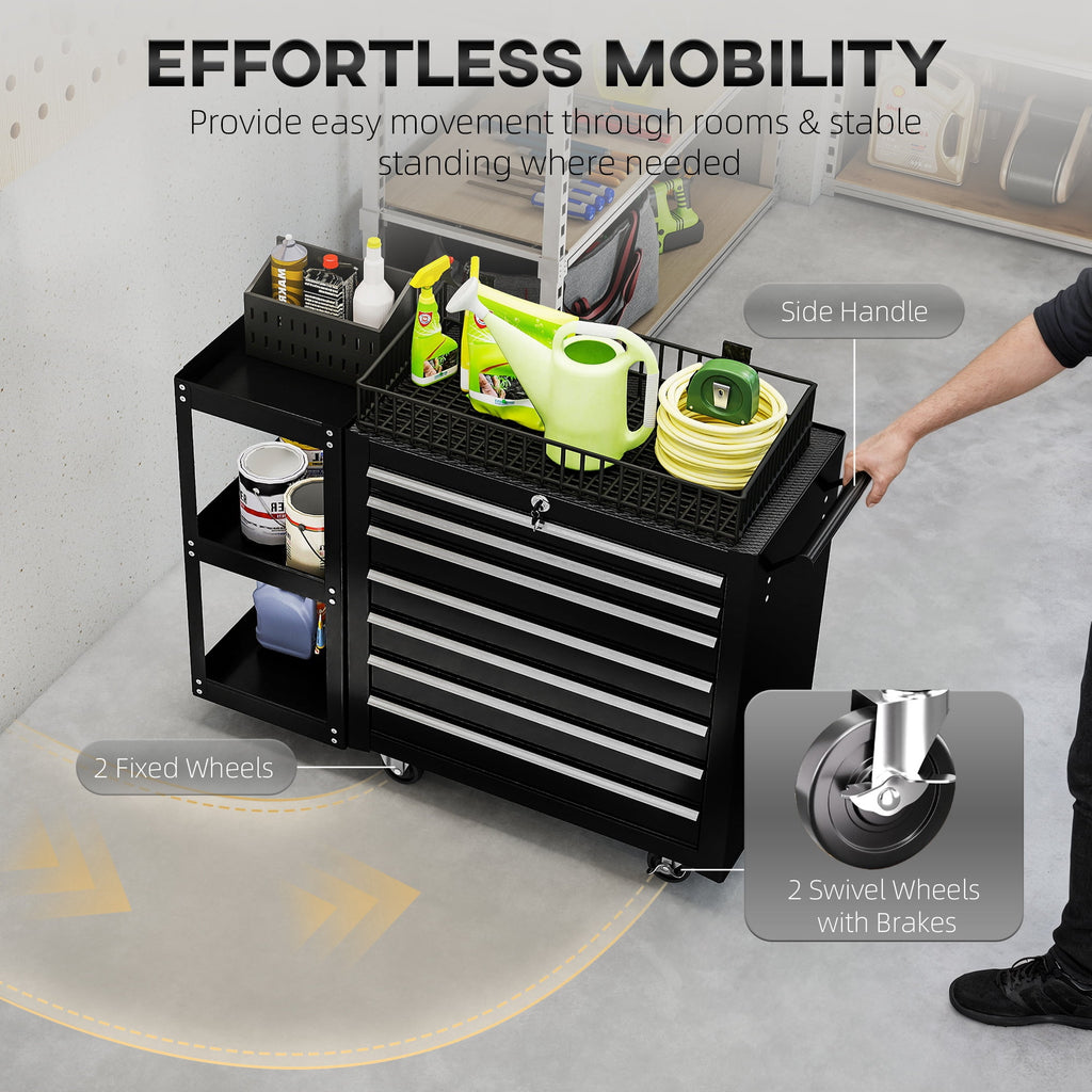 HOMCOM 7-Drawer Tool Chest with Side Shelf, Lockable Tool Box, Black