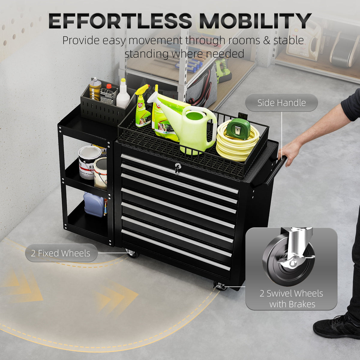 CoSoTower 7-Drawer Rolling Tool Chest with Detachable Side Shelf, Lockable Tool Cabinet Box Organizer with Wheels, Black
