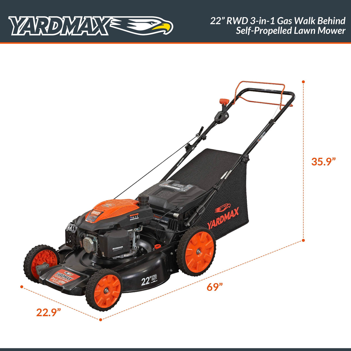 Yardmax YG2760 22" 201cc Gas Powered Self-Propelled Walk-Behind Lawn Mower, 3-in-1, 6-Speed CVT, RWD