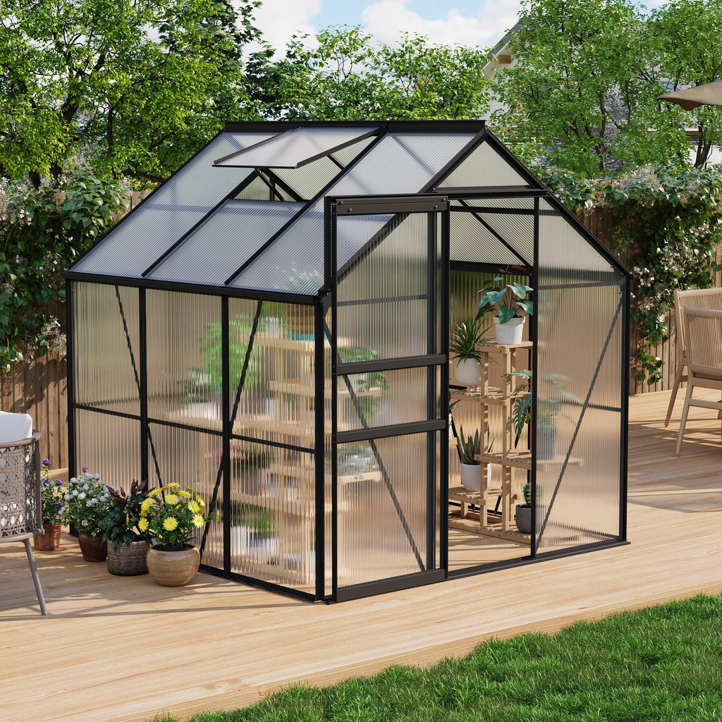 6x6 Ft Walk-In Polycarbonate Greenhouse, Aluminum Frame, Sliding Door, Adjustable Roof Vent and Rain Gutter