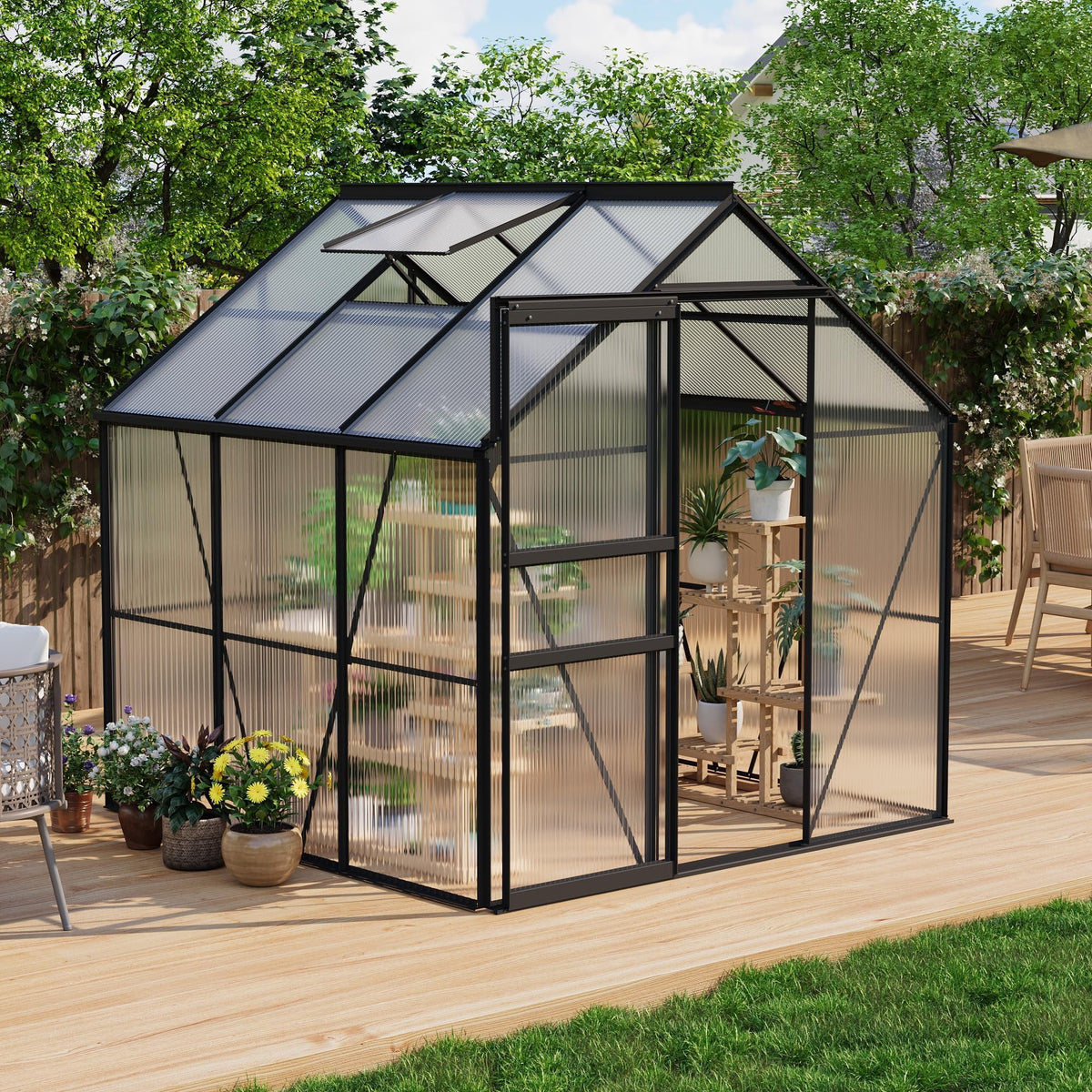 6x6 Ft Walk-In Polycarbonate Greenhouse, Aluminum Frame, Sliding Door, Adjustable Roof Vent and Rain Gutter