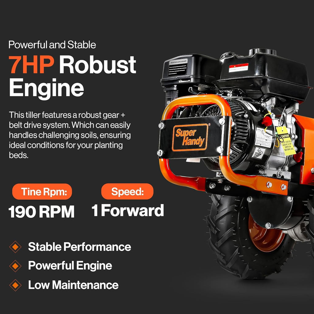 SuperHandy ROTO 7HP Rear Tine Tiller - Heavy-Duty Garden Soil Cultivator, 16" Tilling Width, 12"" Depth"