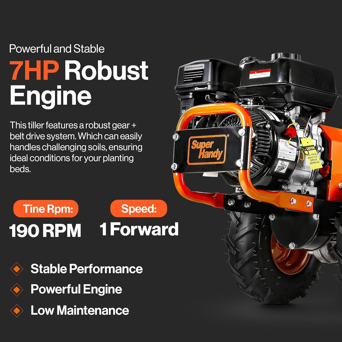 SuperHandy ROTO 7HP Rear Tine Tiller - Heavy-Duty Garden Soil Cultivator, 16" Tilling Width, 12"" Depth"