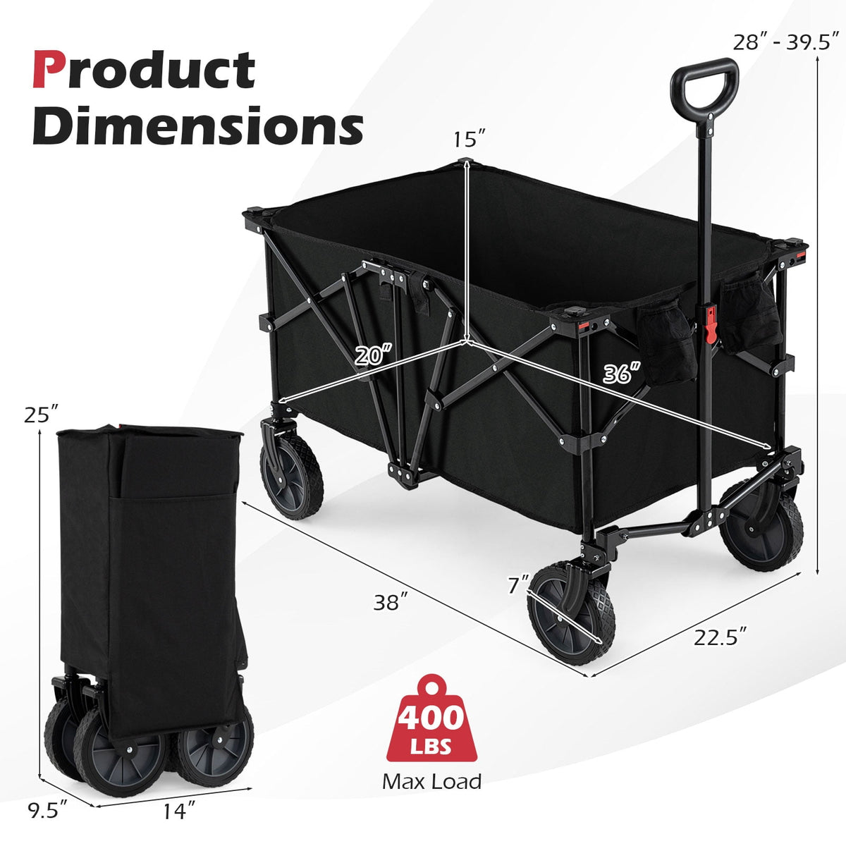 Gymax 38'' Collapsible Wagon Cart w/All-Terrain Wheels 2 Cup Holders Adjustable Handle