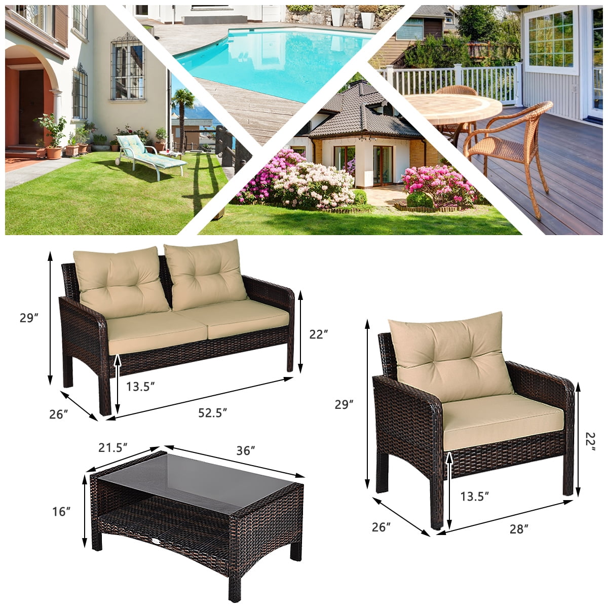 Patiojoy 4 Piece Patio Conversation Set Rattan Wicker Loveseat Sofa Coffee Table & Glass Top