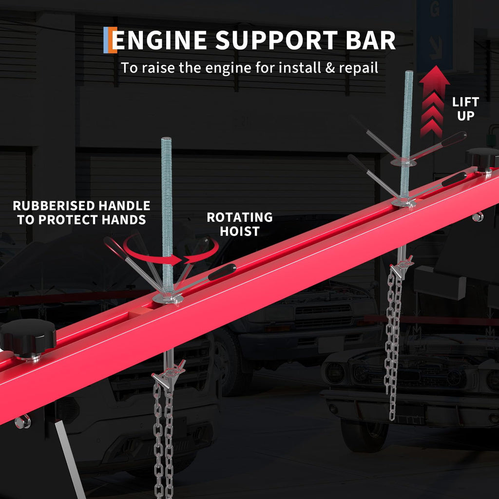Heavy-Duty Engine Support Bar - Adjustable Transmission Jack Holder with 2 Rotating Hooks, Dual Steel Construction for Car & Truck Repair Garage