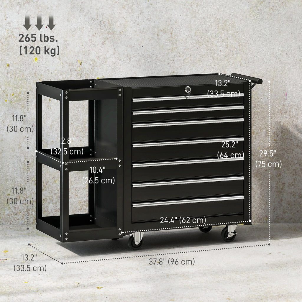 CoSoTower 7-Drawer Rolling Tool Chest with Detachable Side Shelf, Lockable Tool Cabinet Box Organizer with Wheels, Black