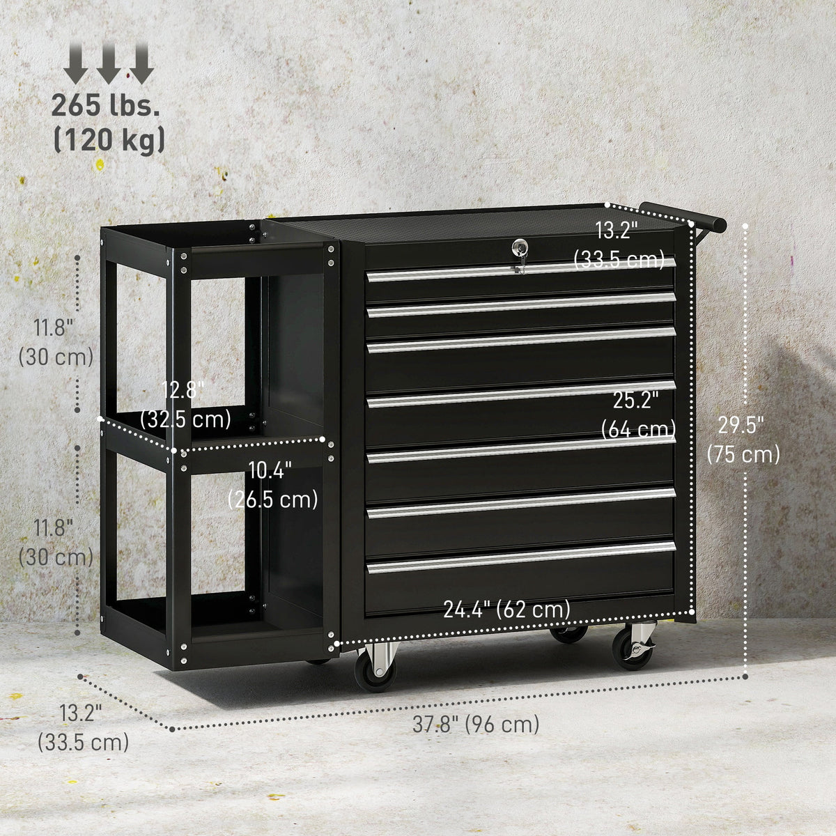 CoSoTower 7-Drawer Rolling Tool Chest with Detachable Side Shelf, Lockable Tool Cabinet Box Organizer with Wheels, Black