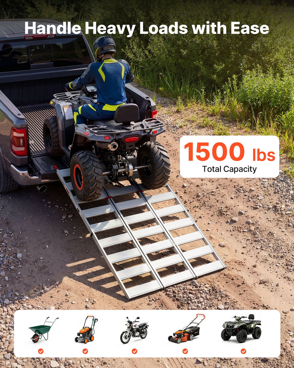 VEVOR 76x50 Inch Tri-Folding Aluminum Trailer Ramps, 1500 lb Capacity, Straps and Non-Slip Rubber Fingers