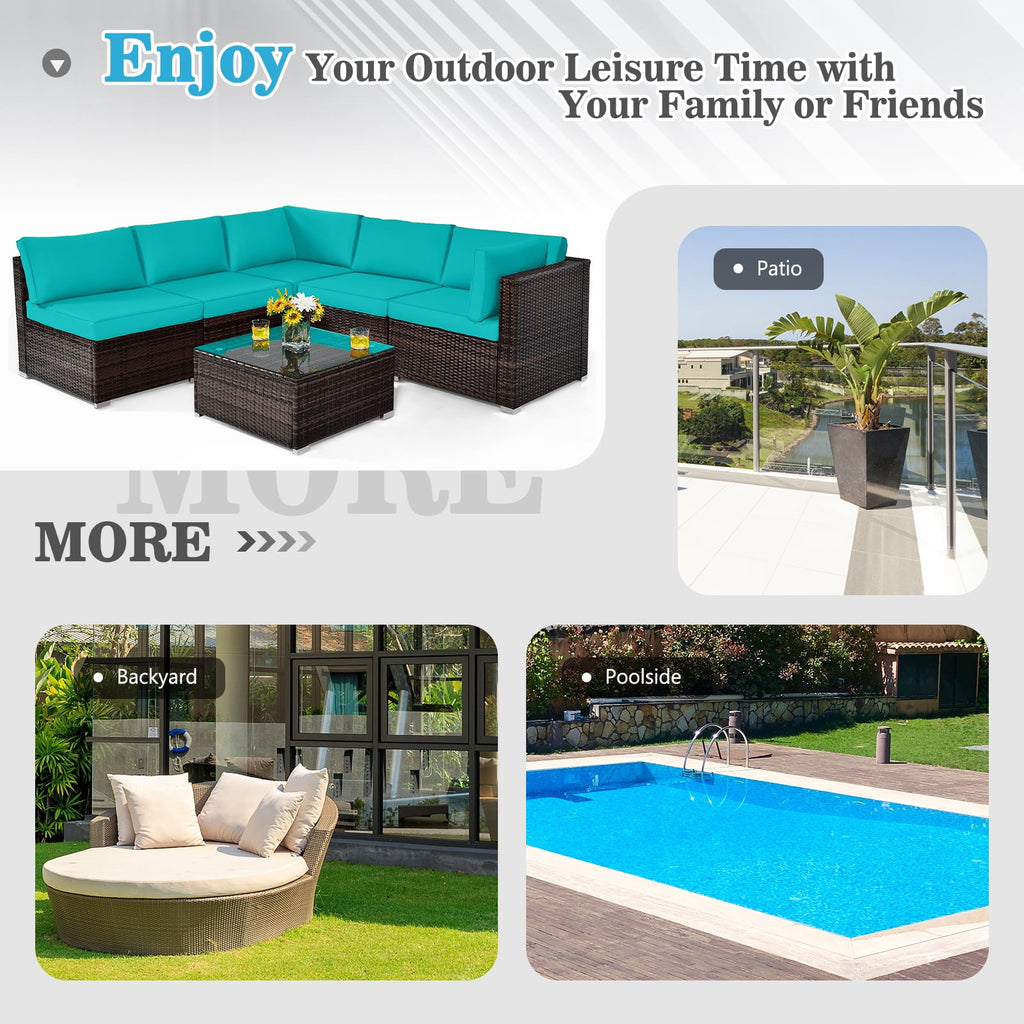 Patiojoy 6PCS Wicker Patio Sectional Conversation Furniture Set with Coffee Table & Seat Cushions Turquoise