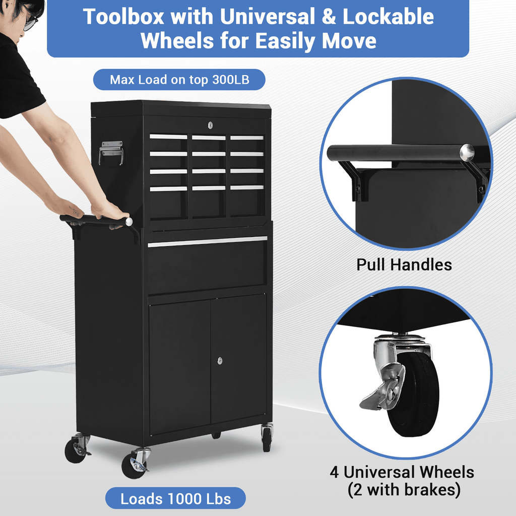 2-in-1 Rolling Tool Chest, 5 Lockable Drawers, Detachable Top Toolbox, Heavy-Duty Steel Cabinet with Wheels