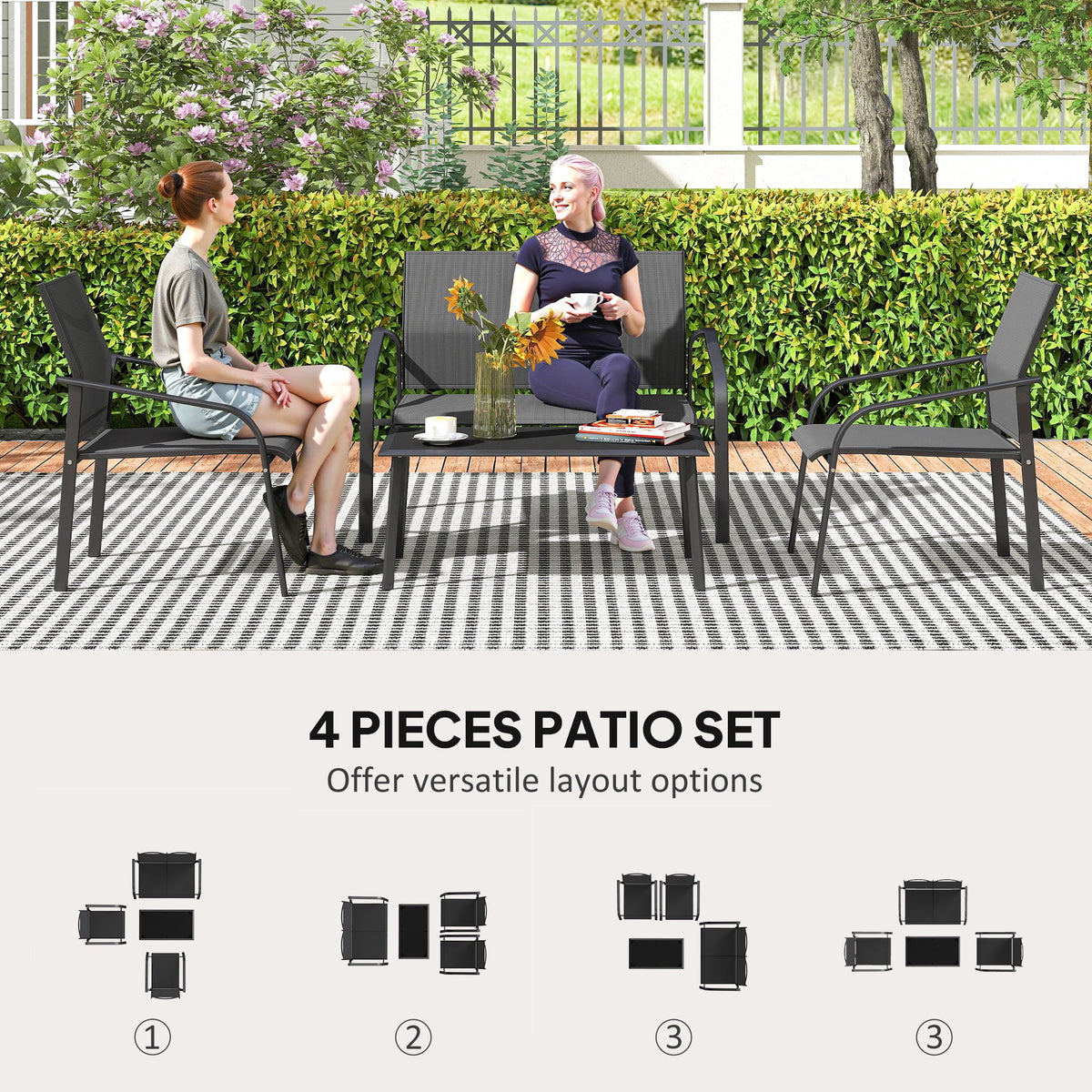 Outsunny 4 Piece Patio Furniture Set, Deep Outdoor Conversation Set, Black