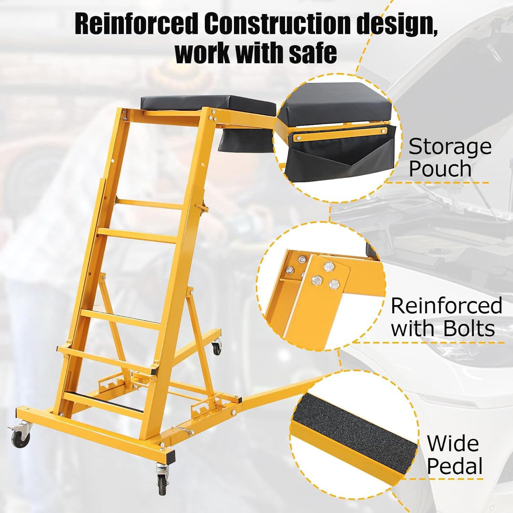 Adjustable Folding Topside Automotive Creeper, 440 lb Capacity, 48-66 Inch Height, Padded Deck and 4 Casters, Black/Yellow