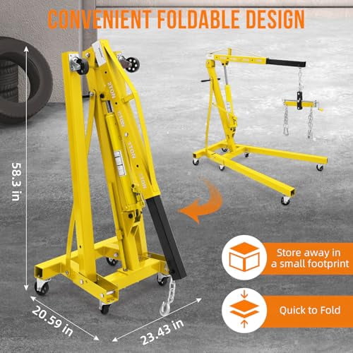 2-Ton/4400 lb Hydraulic Engine Hoist, Shop Crane with 6 Casters and Telescopic Boom for Garage and Auto Repair