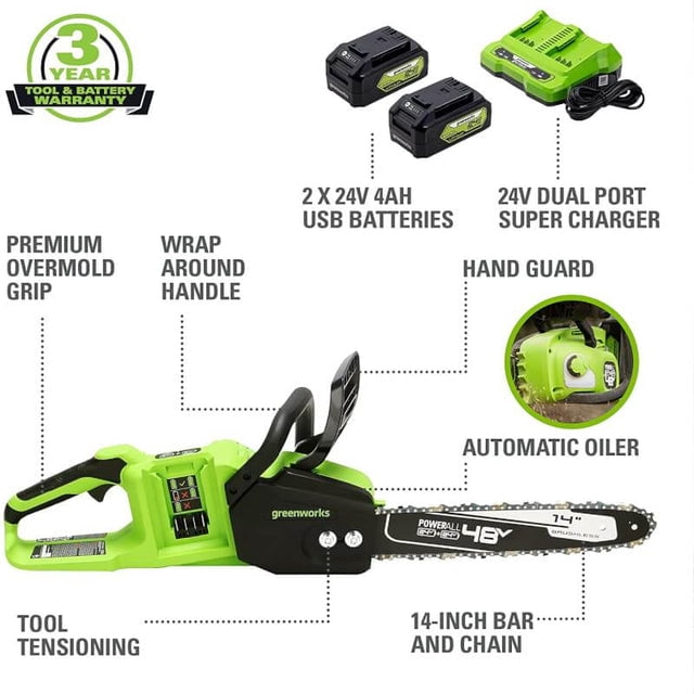 Greenworks 2 x 24V (48V) 14" Cordless Brushless Electric Chainsaw, (2) 4.0 Ah USB Batteries and Dual-Port Charger Included [125+ Compatible Tools]
