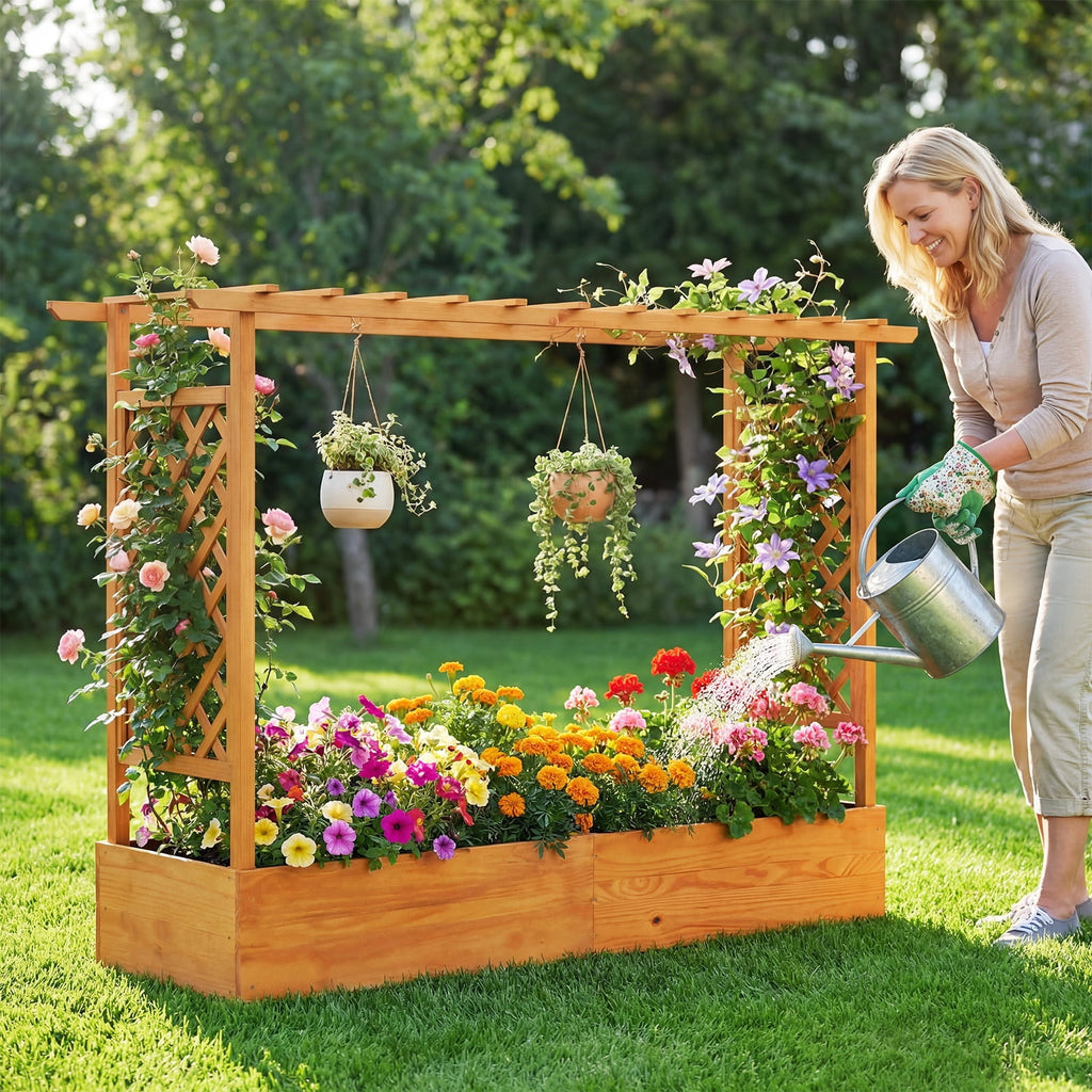 Costway 1 PCS Raised Garden Bed with Trellis Hanging Roof Planter Box Drainage Holes for Patio