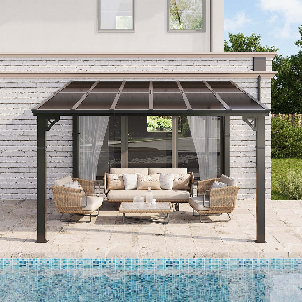 Clouddwell 12'x 10' Wall-Mounted Gazebo Pergola with Aluminum Top Frame & Polycarbonate Panel, Large Heavy-Duty Awnings for Backyard Black