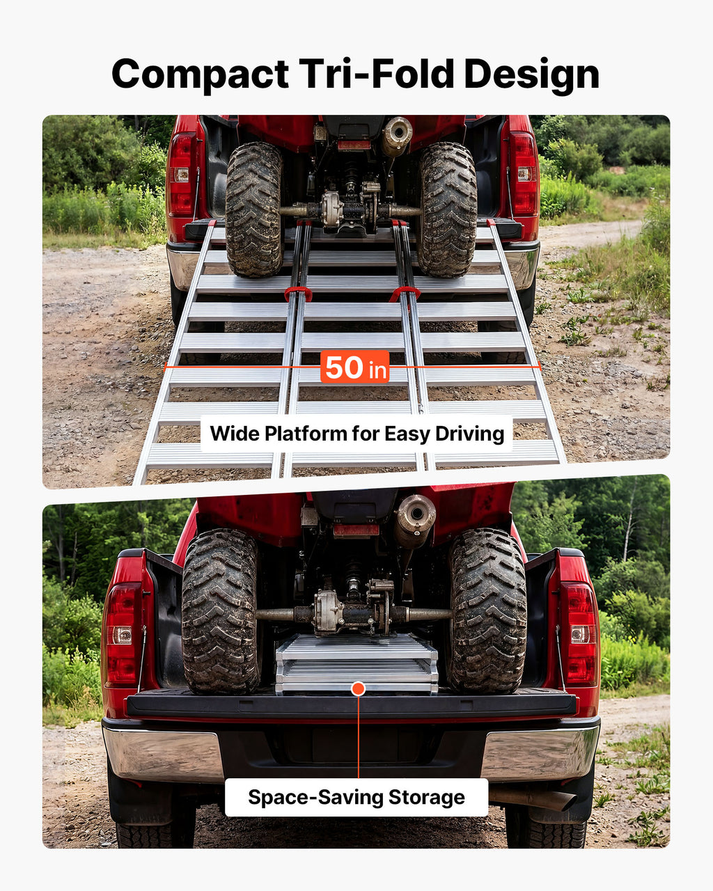 VEVOR 76x50 Inch Tri-Folding Aluminum Trailer Ramps, 1500 lb Capacity, Straps and Non-Slip Rubber Fingers