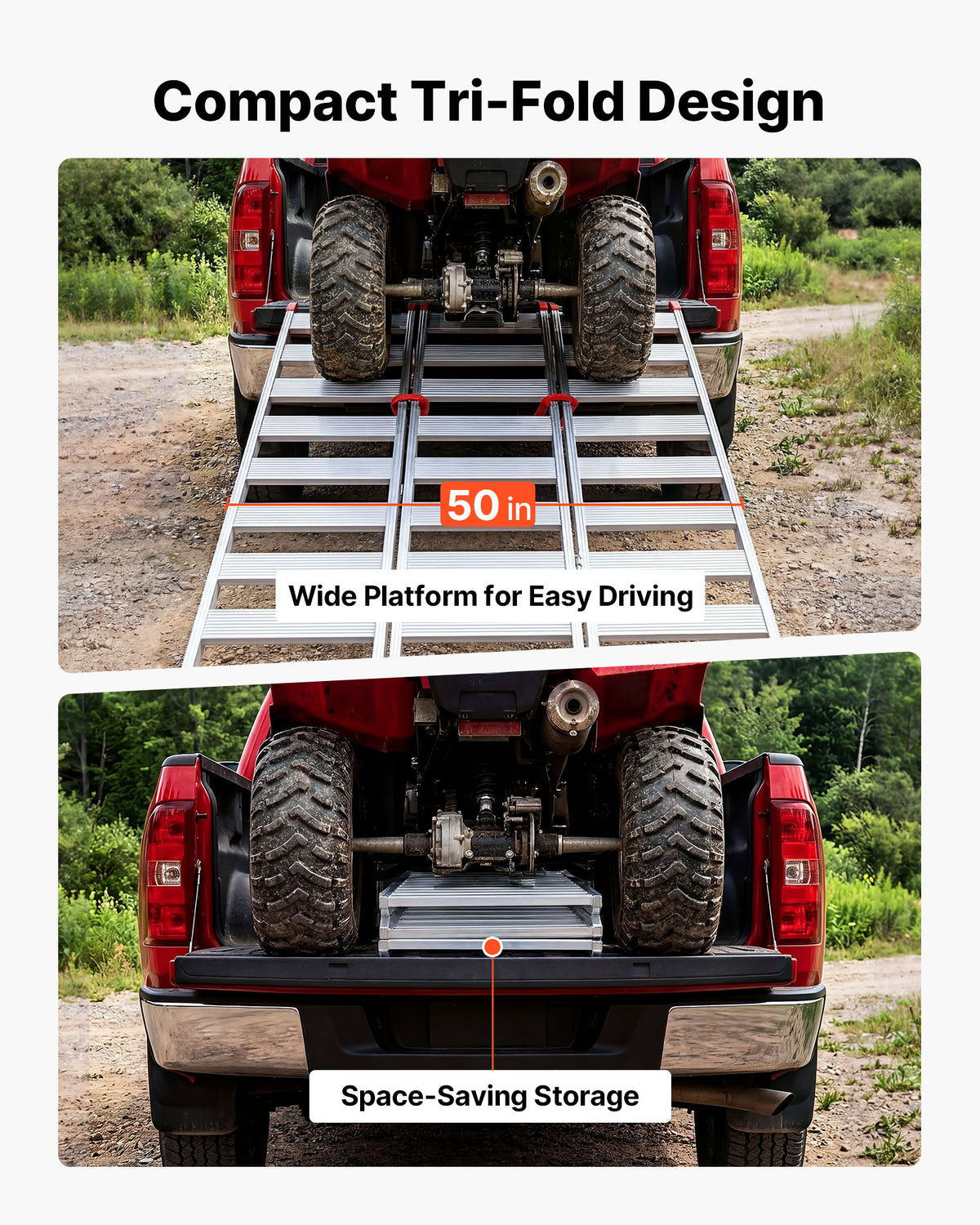 VEVOR 76x50 Inch Tri-Folding Aluminum Trailer Ramps, 1500 lb Capacity, Straps and Non-Slip Rubber Fingers