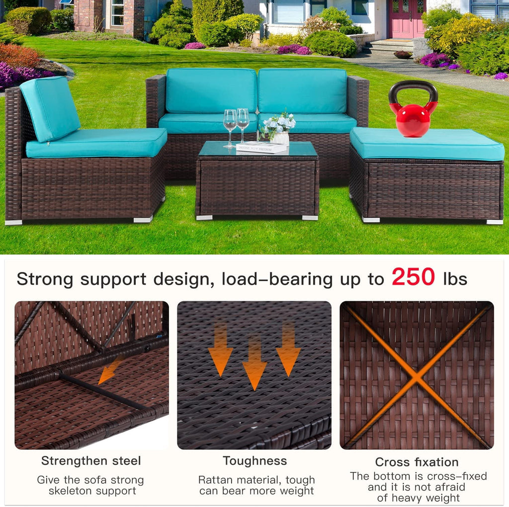 FDW 5-Piece Outdoor Patio Furniture Set, Rattan Wicker Sofa, Chairs & Table, Blue