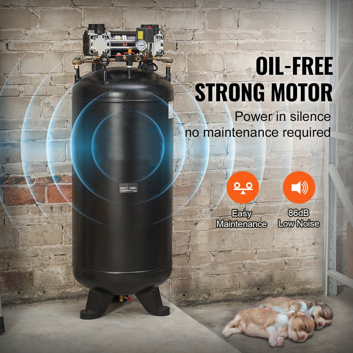 KFFKFF 80-Gallon Air Compressor, 6.5 HP, 15.5 SCFM at 90 PSI, Dual-Stage, 145 PSI, Oil-Free, 86 dB