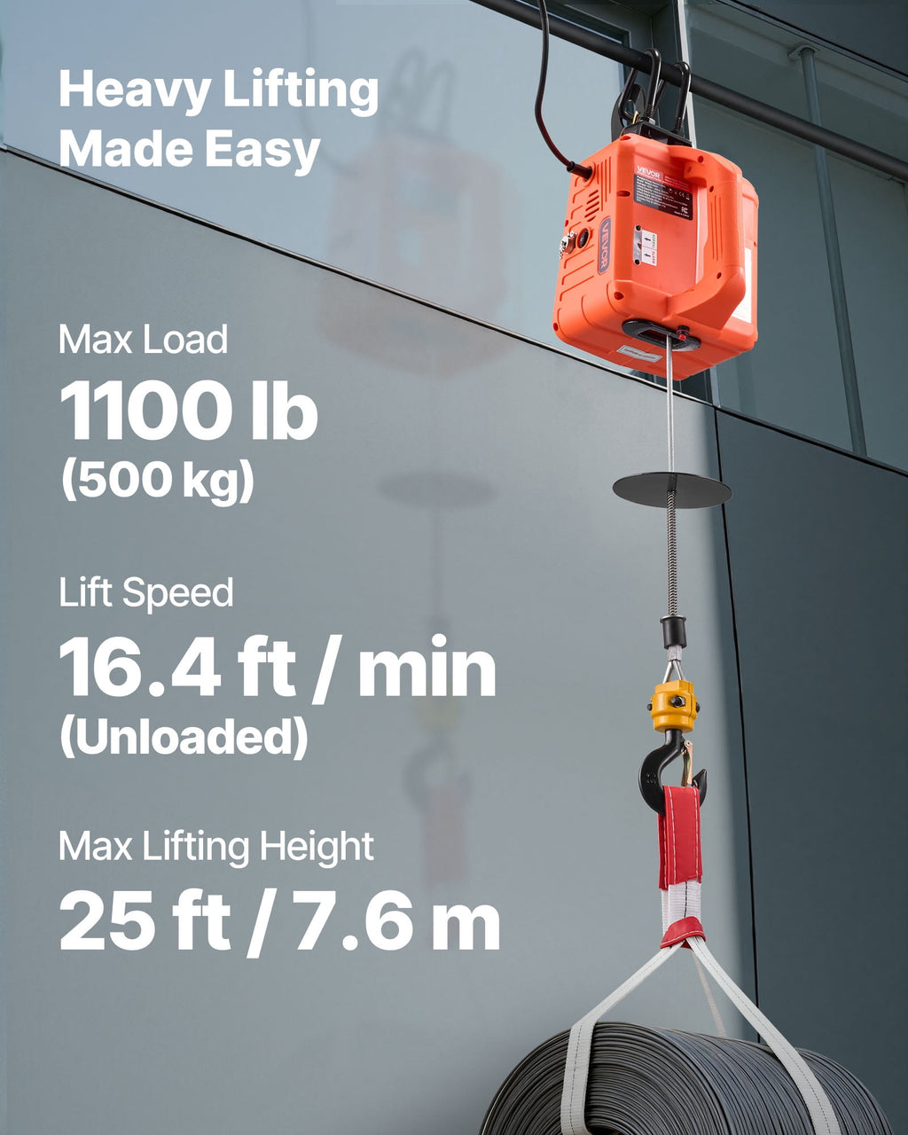 VEVOR 3-in-1 Electric Hoist Winch, 1100 lb Capacity, 1500W, 25 ft Lift, Manual, Wired and Wireless Controls