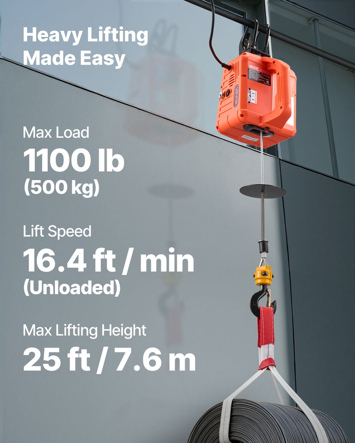 VEVOR 3-in-1 Electric Hoist Winch, 1100 lb Capacity, 1500W, 25 ft Lift, Manual, Wired and Wireless Controls
