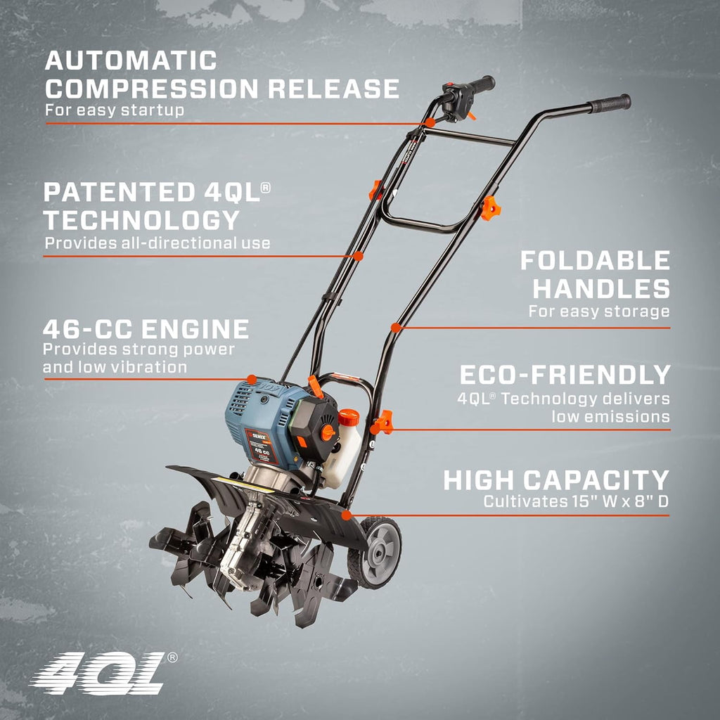 SENIX TL4QL-L1 10" 43cc 4-Cycle Gas Powered Front-Tine Walk Behind Tiller, 6 Forward Rotating Tines