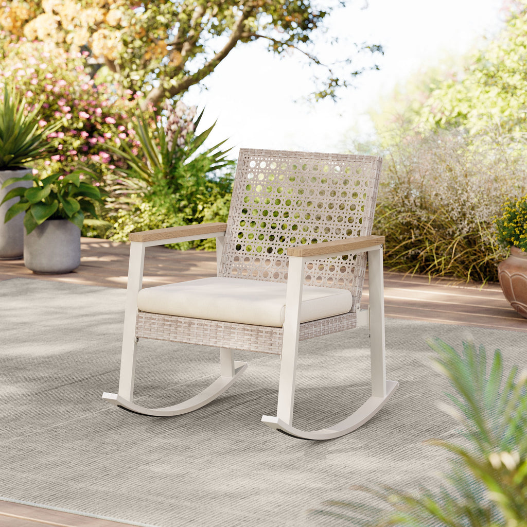 SONGMICS HOME Sencillo Collection Outdoor Steel 3 piece Rocking Chair Set, Bone Color