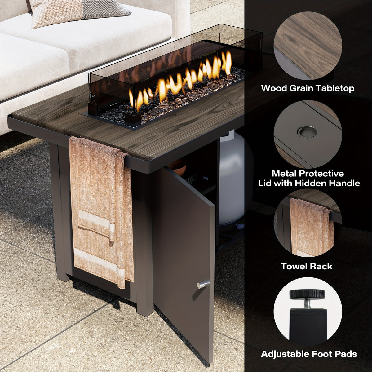 KAMEROUT 43" Outdoor Fire Pit Table, 55,000 BTU Patio Propane Fire Pit with Wood Grain Tabletop & Wind Guard, Black