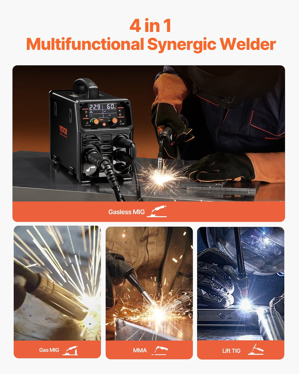 VEVOR MIG Welder 200Amps Welding Machine 4-in-1 Gas MIG/Flux Core MIG/Stick/Lift TIG