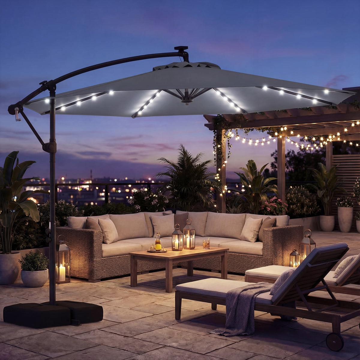 Costway 10 FT Solar Offset Hanging Umbrella Patio Cantilever Umbrella with 32 LED Lights Gray