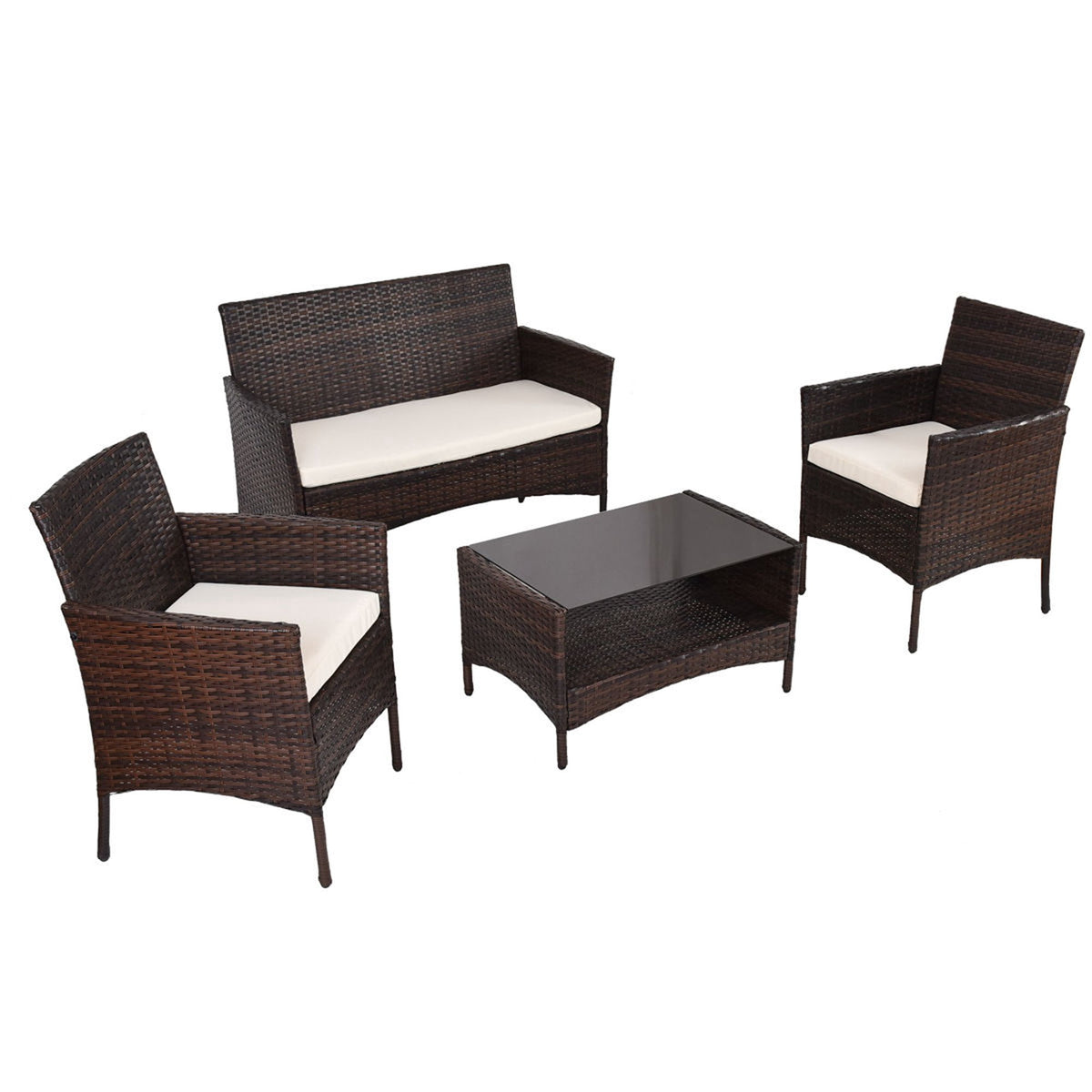 Costway 4pcs Patio Rattan Furniture Set Table Shelf Sofa Outdoor Garden W/ Beige Cushion