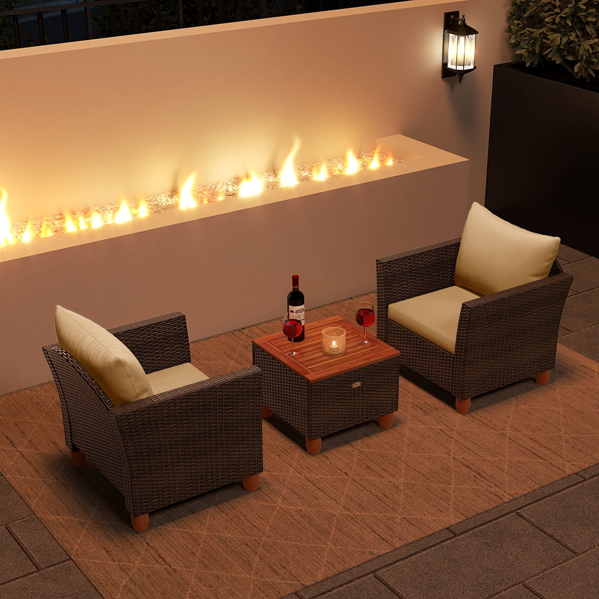 Gymax 3 PCS Patio PE Wicker Furniture Set Outdoor Conversation Bistro Set w/ Cushions Beige