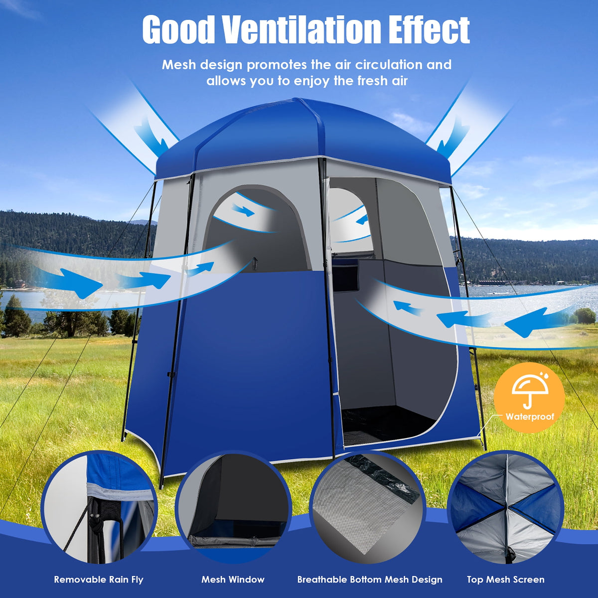 Costway Double-Room Camping Shower Toilet Tent with Floor Oversize Portable Storage Bag