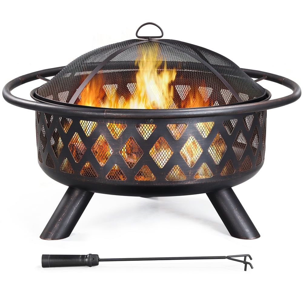 Yaheetech Outdoor Metal Fire Pit with Mesh Screen Poker Rain Cover, Bronze