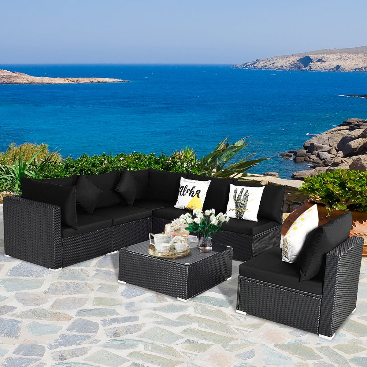 Gymax 7PCS Rattan Patio Conversation Set Sectional Furniture Set w/ Black Cushion