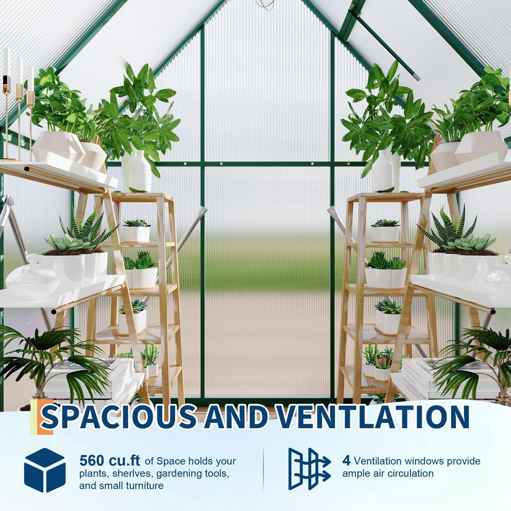 6x4 Ft Walk-In Polycarbonate Greenhouse, Aluminum Frame, Double Lockable Doors and Roof Vent, Green
