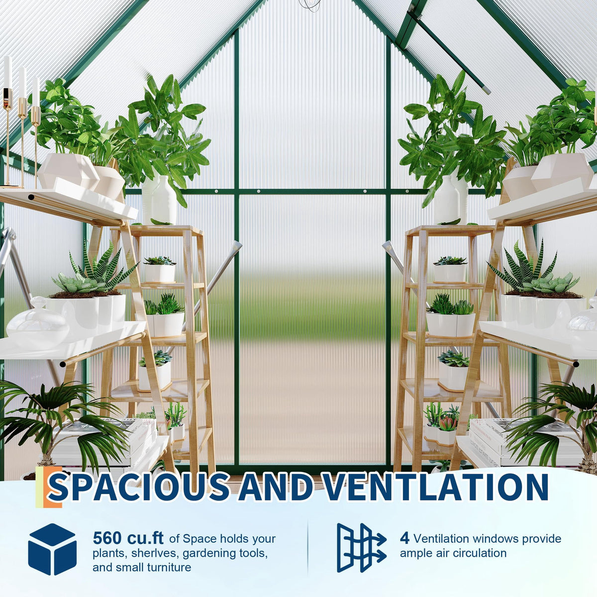 6x4 Ft Walk-In Polycarbonate Greenhouse, Aluminum Frame, Double Lockable Doors and Roof Vent, Green