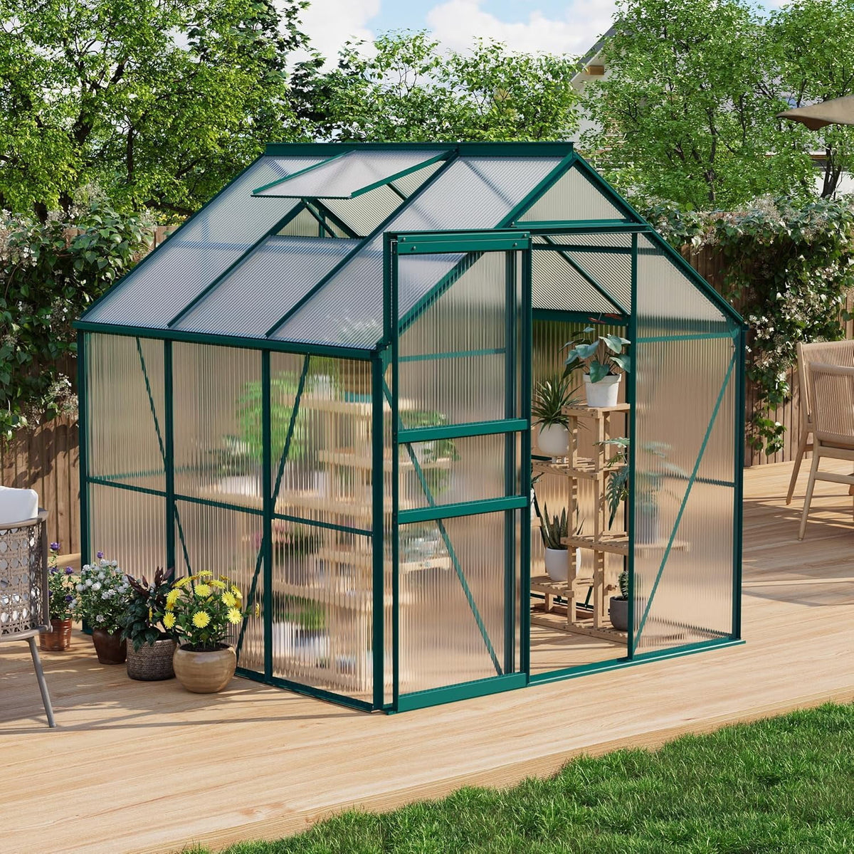 Polycarbonate Greenhouse with Roof Vent, Ground Nails, Lockable Push Door, Aluminum Large Walk-in Green House for Outside Garden