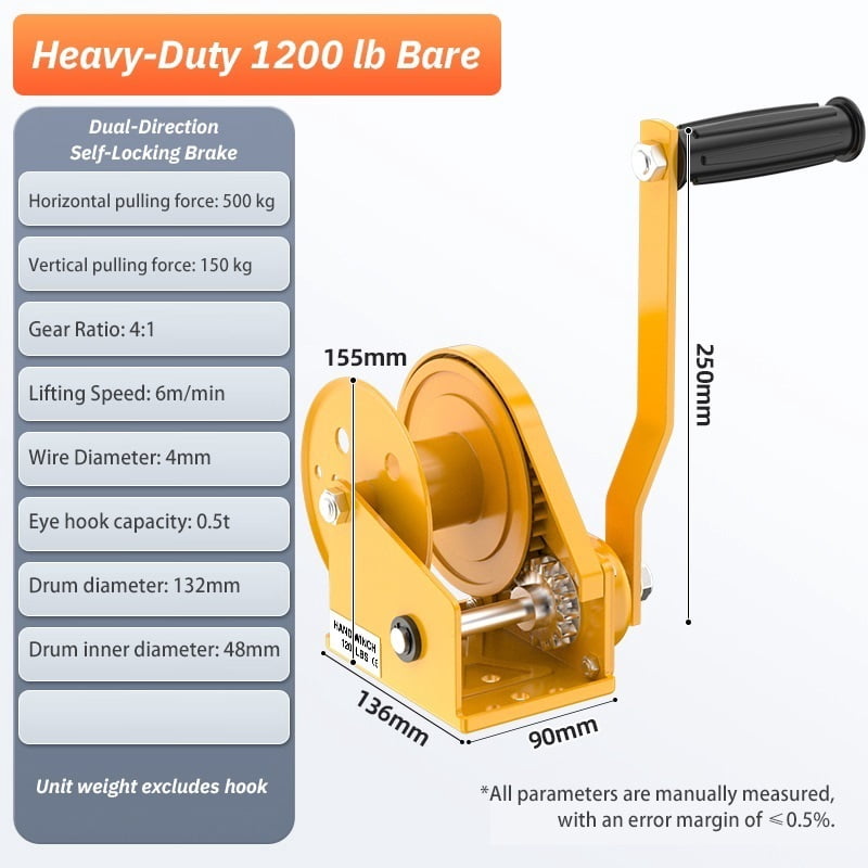 Hand-Crank Winch Self-Locking Hand Winch 1200 lbs Manual Tow Winch Small Hoist Two-Way Locking for Hassle - Free Lifting