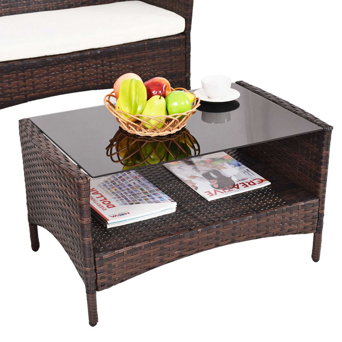 Costway 4pcs Patio Rattan Furniture Set Table Shelf Sofa Outdoor Garden W/ Beige Cushion