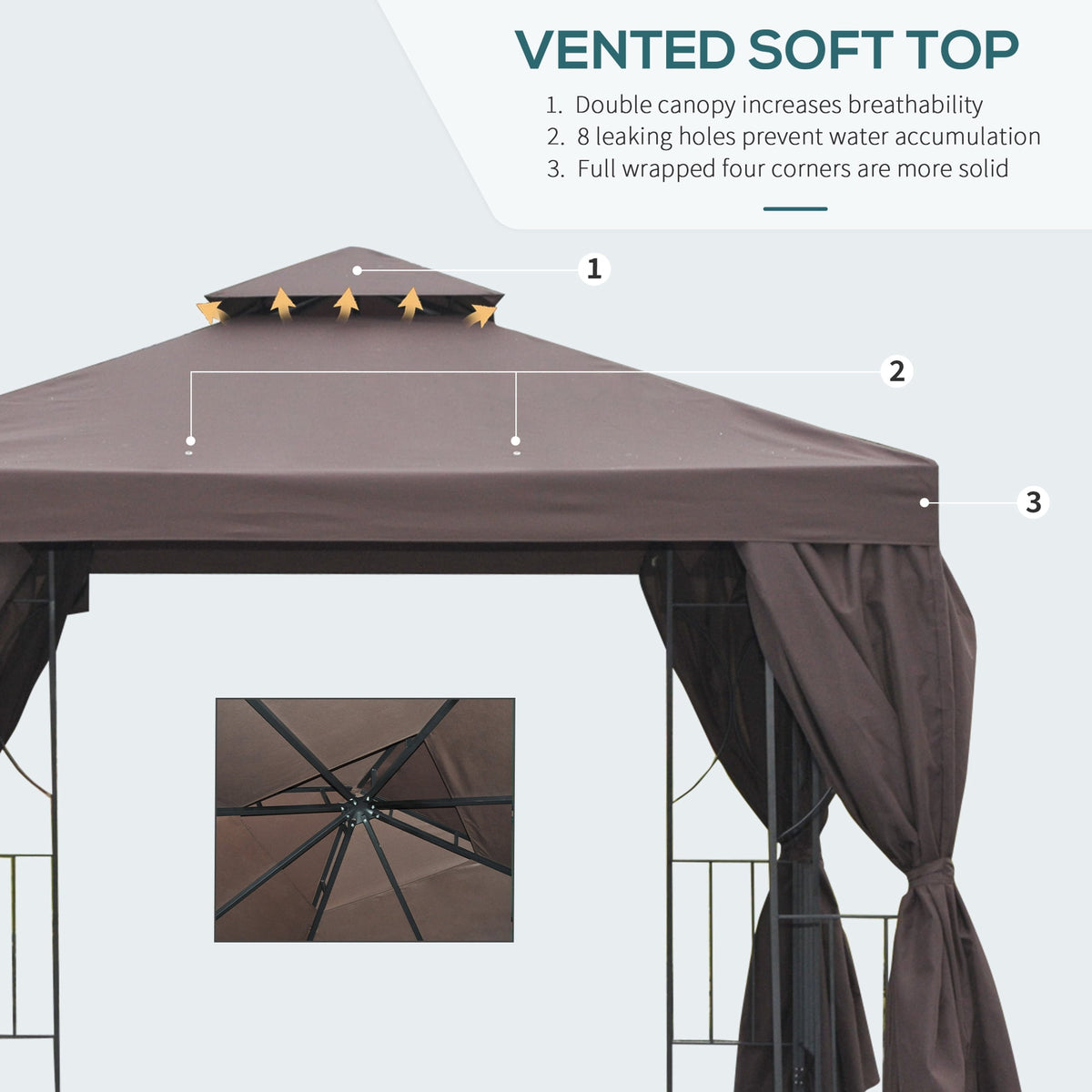 Outsunny 10' x 10' Patio Gazebo Outdoor, Canopy Shelter with Double-tier Roof, Pavilion Sidewalls for Garden Events, Brown