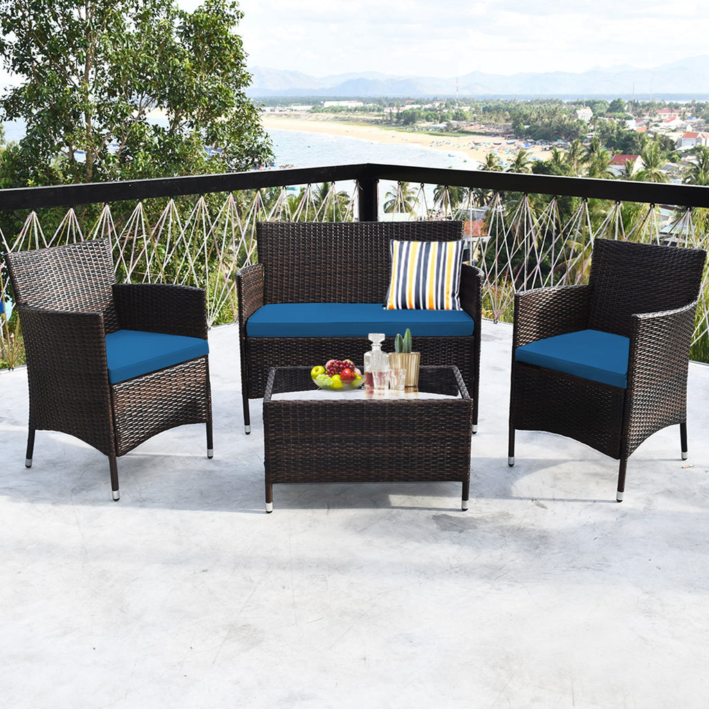 Costway 4PCS Rattan Patio Furniture Set Cushioned Sofa Chair Coffee Table Peacock Blue