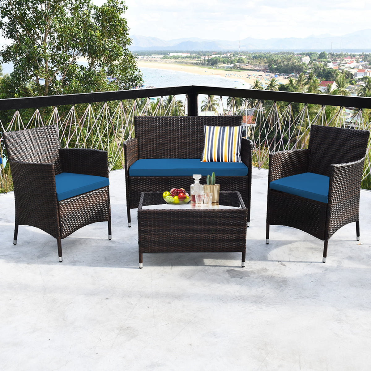 Costway 4PCS Rattan Patio Furniture Set Cushioned Sofa Chair Coffee Table Peacock Blue