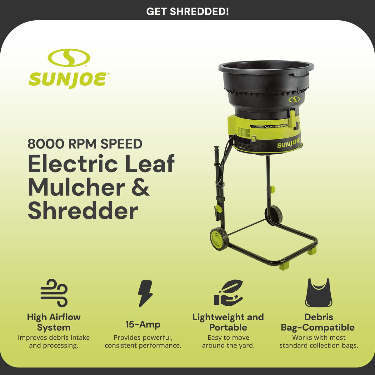 Sun Joe 15-AMP 17:1 Reduction Ratio Electric Leaf Mulcher/Shredder, 55-Gal/Min. Capacity