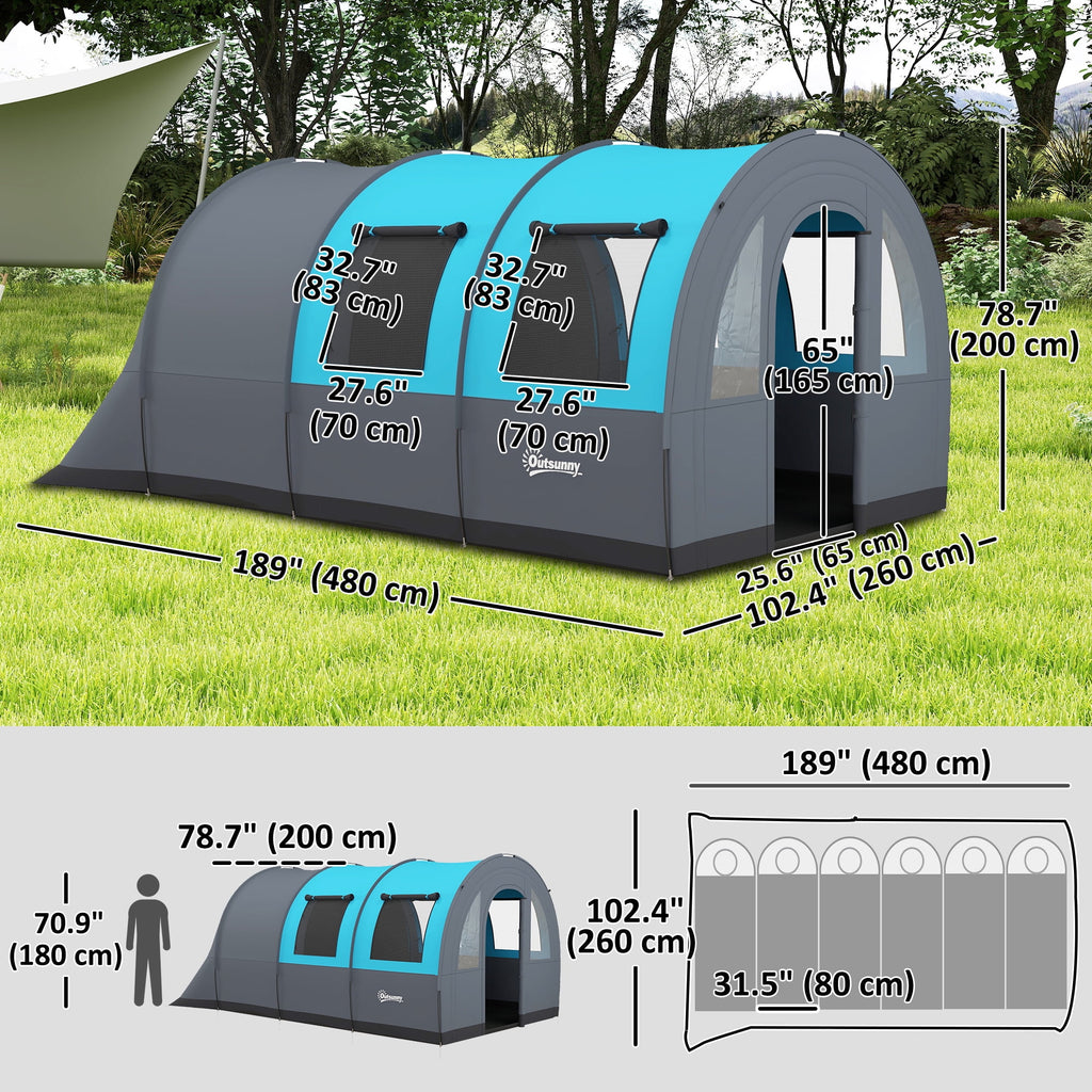 Outsunny 5-6 Person Camping Tent, Waterproof Tunnel Family Tent, Grey/Blue