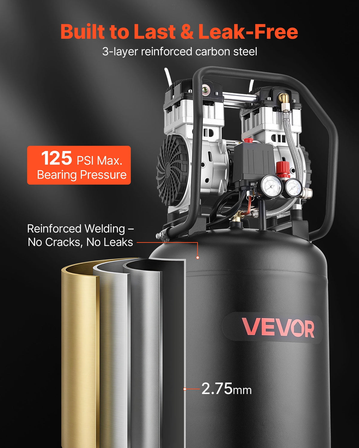 VEVOR 20-Gallon Air Compressor, 2HP 4.5 SCFM at 90PSI, Max 125PSI Pressure Oil-Free Air Compressor Tank, Portable on Wheels for Auto Repair